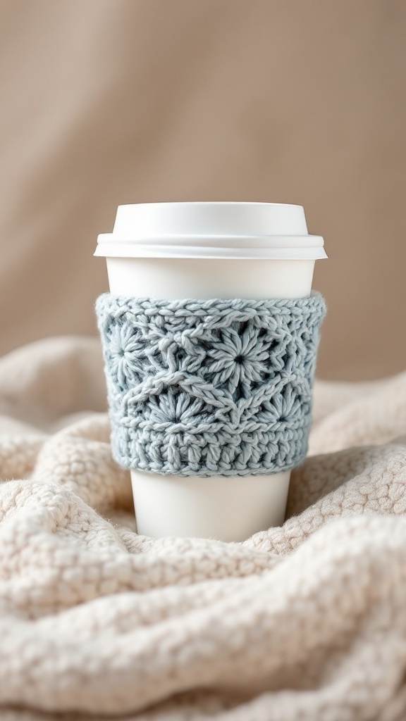 A light blue crochet coffee cup sleeve on a white cup, resting on a soft beige blanket.