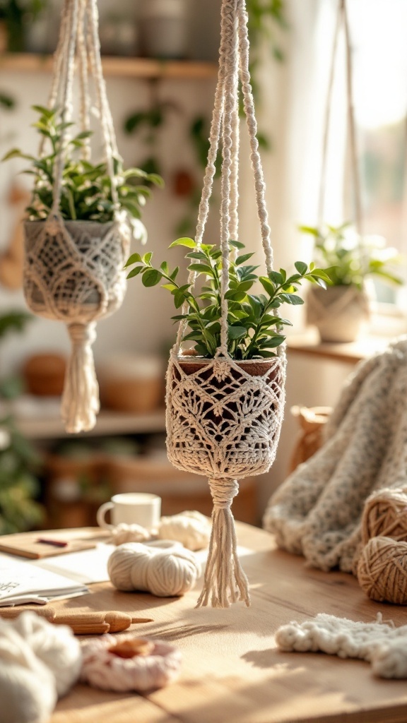 Crochet plant hangers with green plants hanging in a cozy indoor setting.