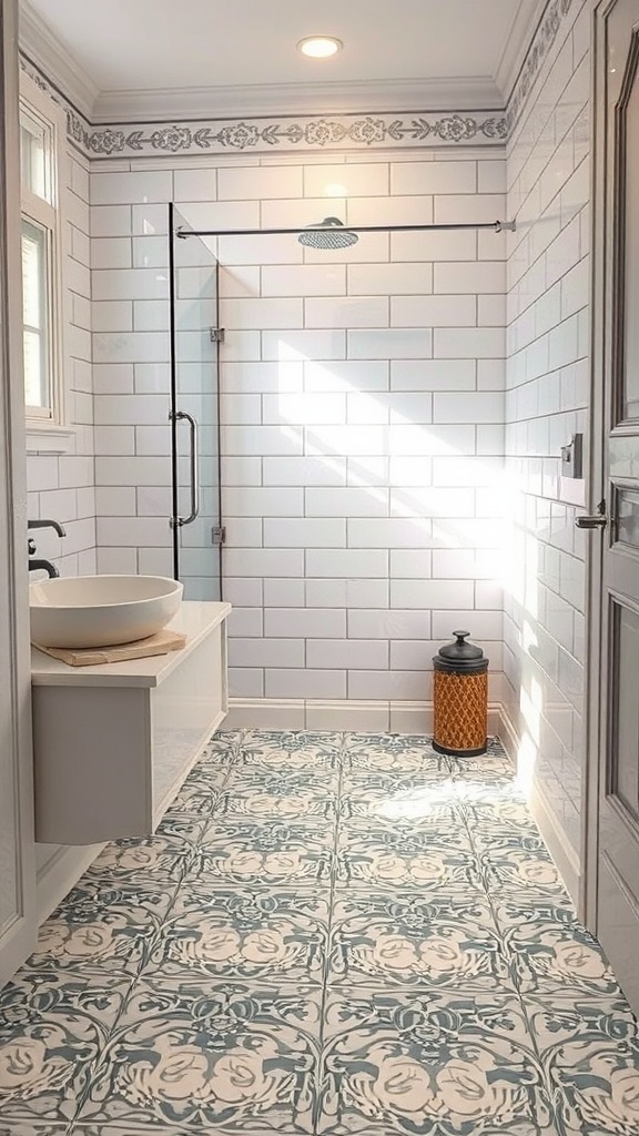 A modern bathroom featuring peel and stick floor tiles with a floral pattern, white walls, and contemporary fixtures.