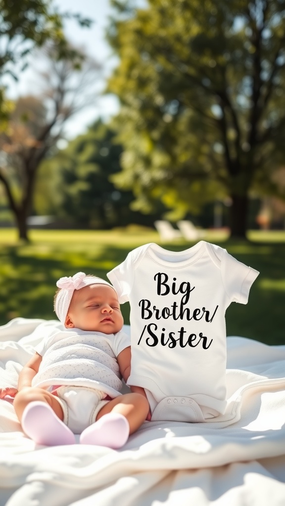 A baby lying on a blanket with a onesie that says 'Big Brother/Sister' in a sunny outdoor setting