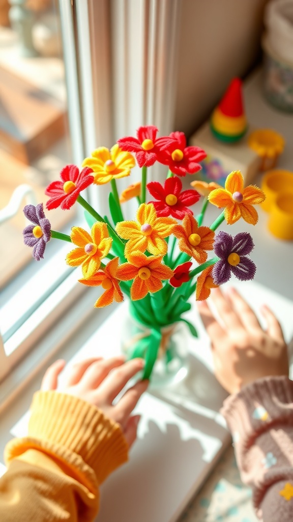 A colorful bouquet of pipe cleaner flowers in a vase with children's hands nearby.