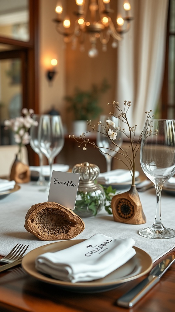 A beautifully set table with wooden slice place card holders, featuring name cards, elegant glasses, and floral accents.