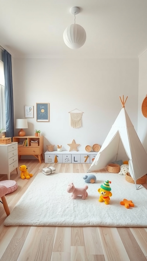 A cozy play area in a kindergarten bedroom featuring a light rug, plush toys, a teepee, and organized storage.