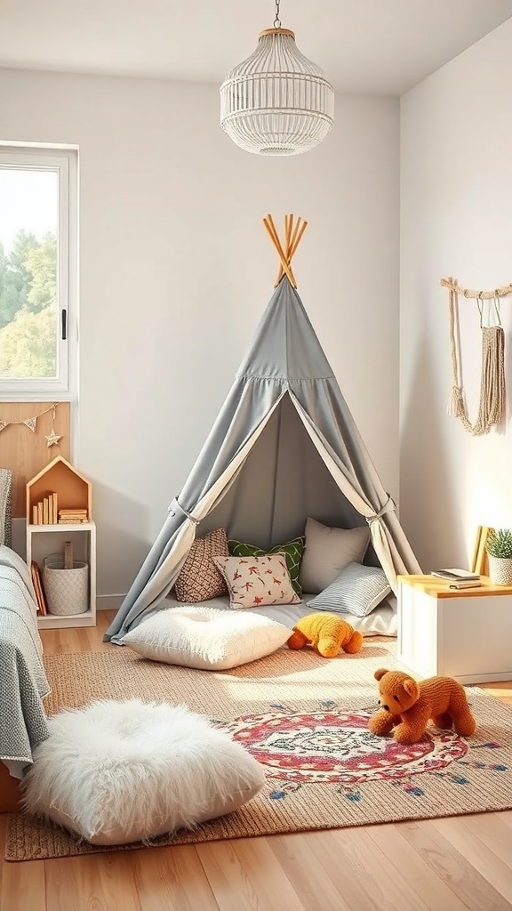 A cozy toddler bedroom featuring a teepee, cushions, and playful toys, creating a creative play area.