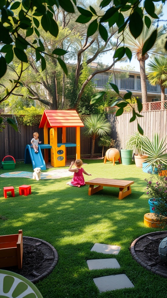 A colorful backyard with a playhouse, slide, and children playing.