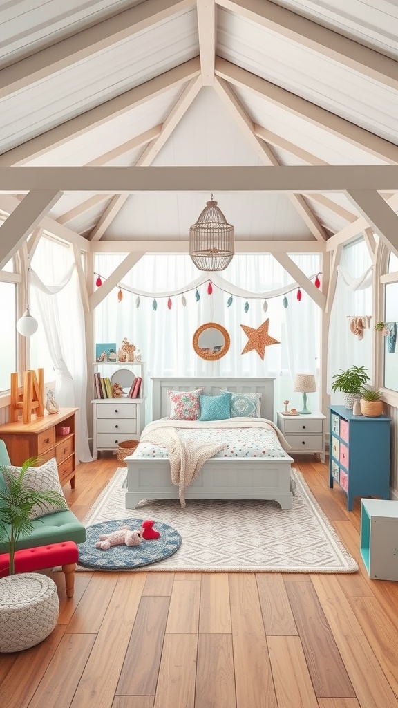 A bright and cozy children's play space featuring a bed, colorful pillows, a reading nook, and playful decor.
