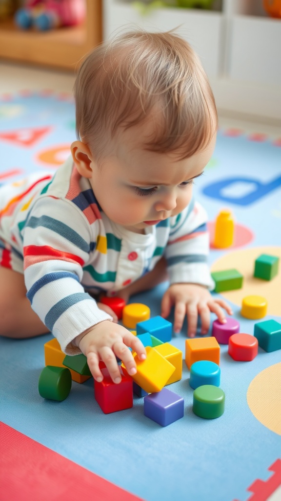 A baby playing with colorful building blocks on a play mat, focused and engaged in creative play