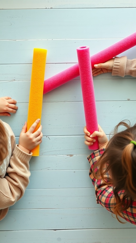 Children holding colorful pool noodles, ready to play