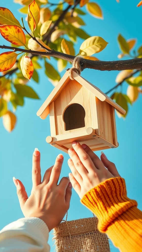 Hands placing a wooden birdhouse on a tree branch with colorful leaves.