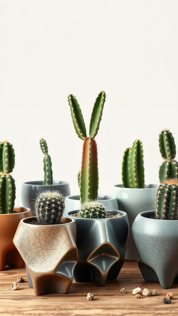 An arrangement of various cacti in uniquely designed pots on a wooden surface