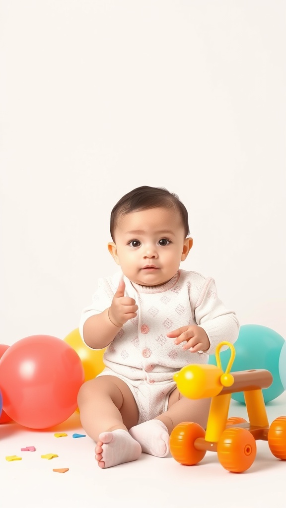 An 8-month-old baby sitting on the floor with colorful balloons and a toy.