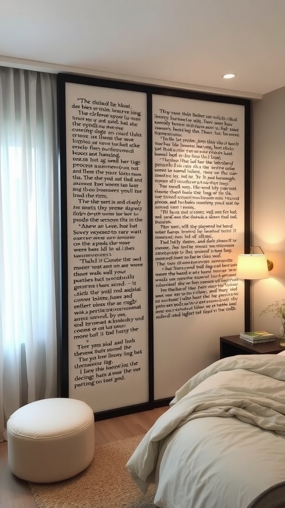 A bedroom with a creative room divider featuring text, offering privacy for two sisters.