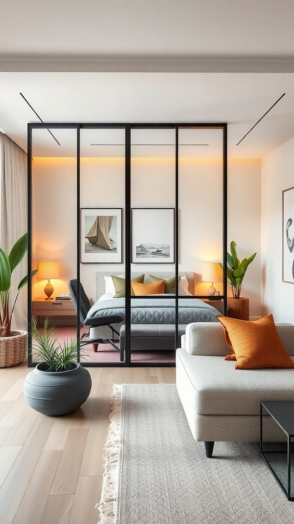 A modern living room with a glass room divider separating the bed area, featuring warm lighting and plants.