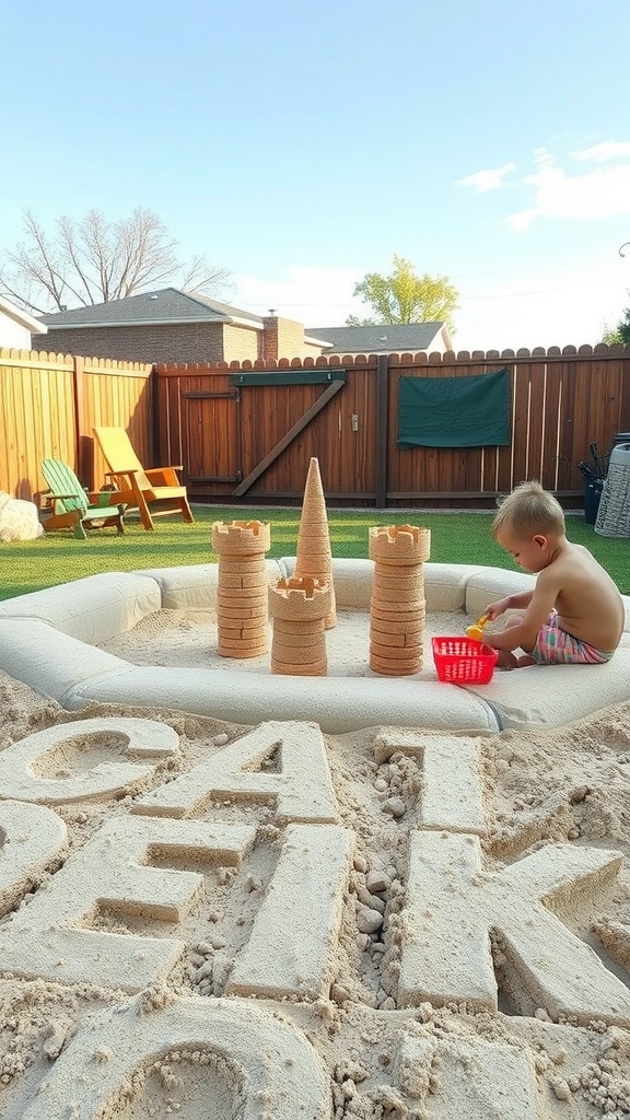 A child playing in a sandbox, surrounded by sandcastles and tools in a backyard setting.