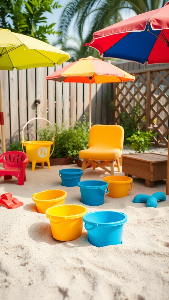Colorful outdoor toddler sandbox area with umbrellas and buckets