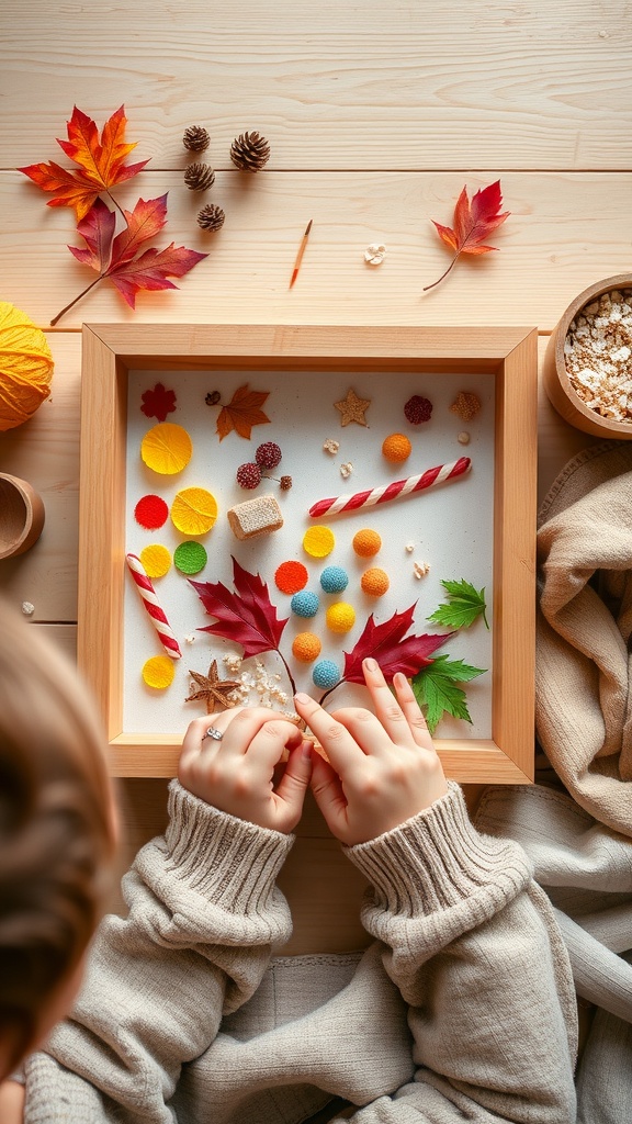 A child arranging colorful craft materials in a wooden shadow box, featuring leaves and candies.