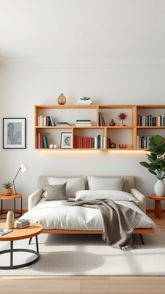 A stylish living room with a wooden shelving unit, cozy couch, and decorative items.