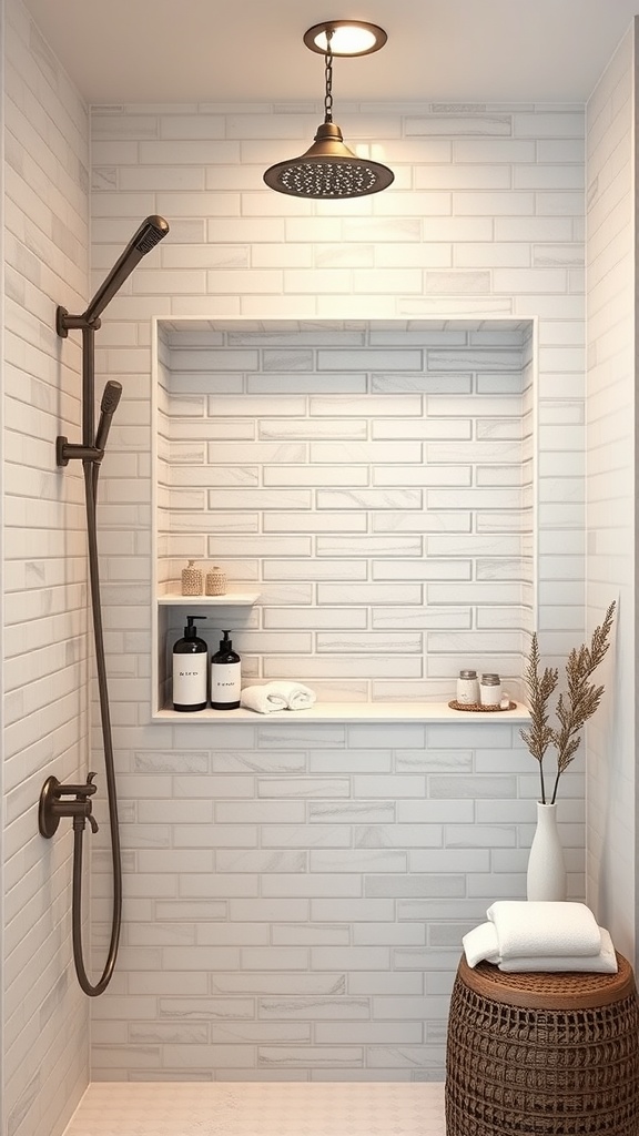 Modern shower niche design with white brick tiles and wooden shelf