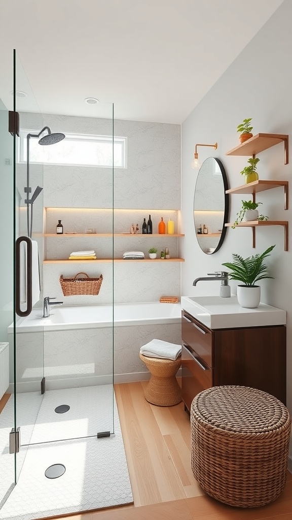 Modern bathroom with glass shower, wooden shelves, and plants