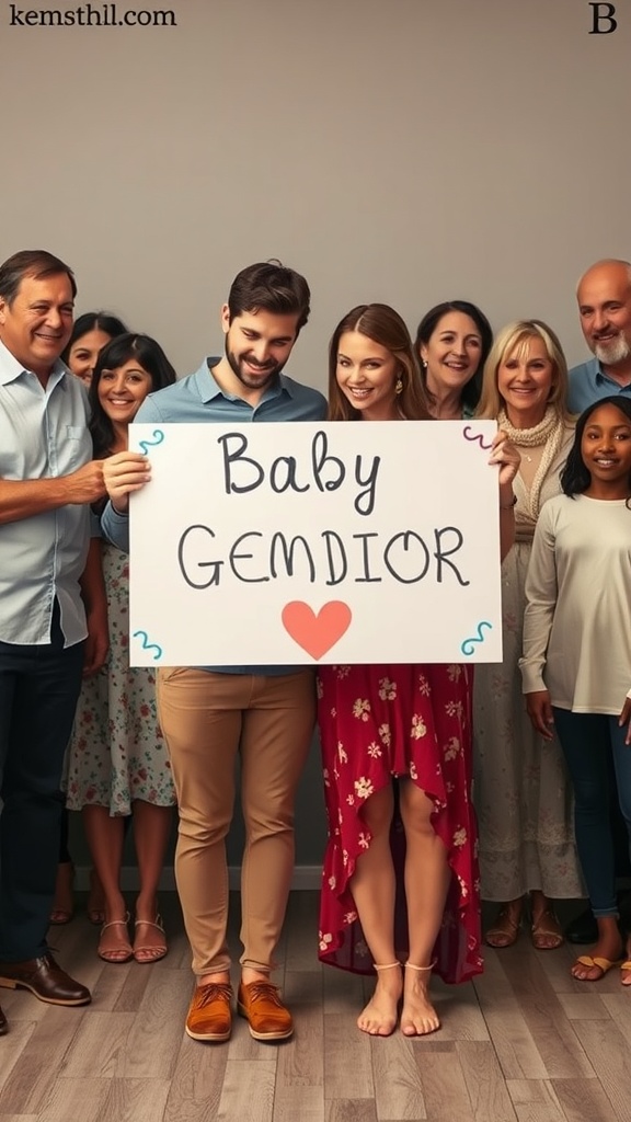 A couple holding a sign that says 'Baby Gender' with family and friends celebrating the announcement.
