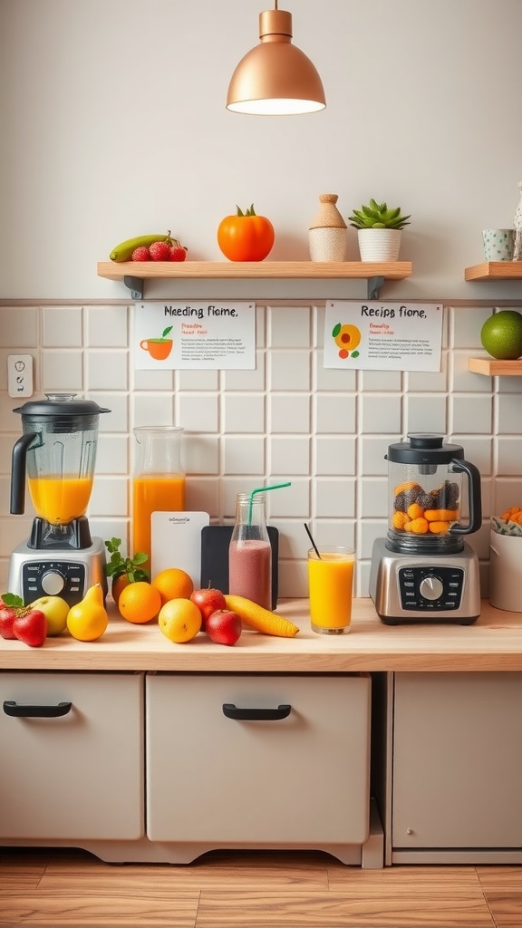 A colorful smoothie station featuring blenders, fresh fruits, and recipe cards in a modern kitchen.