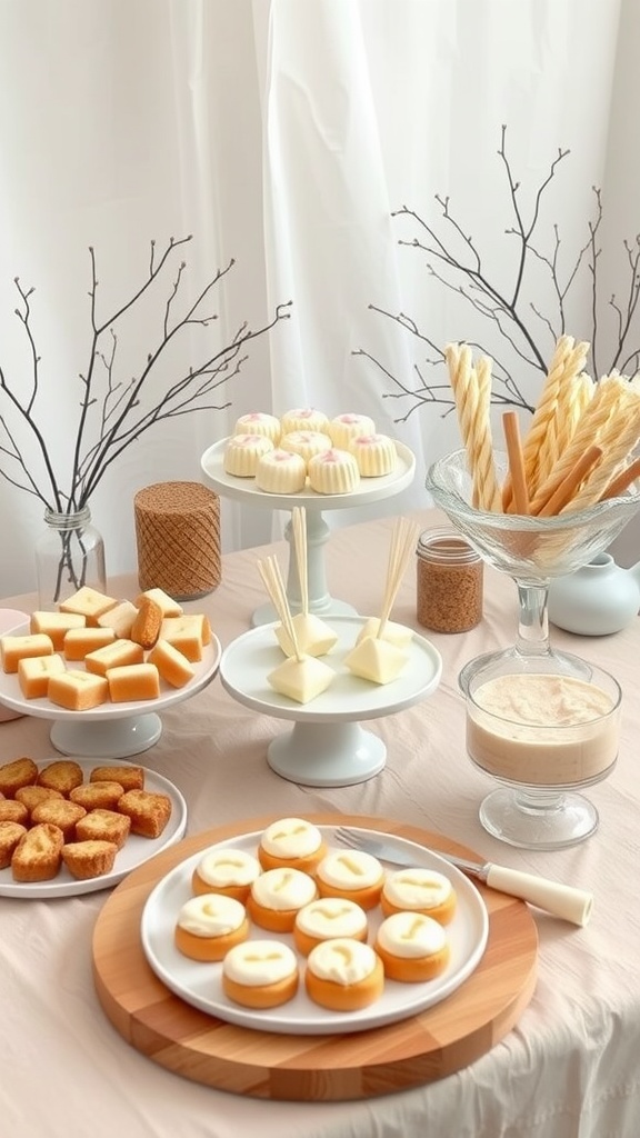 A beautifully arranged table with various neutral-themed snacks for a baby shower.