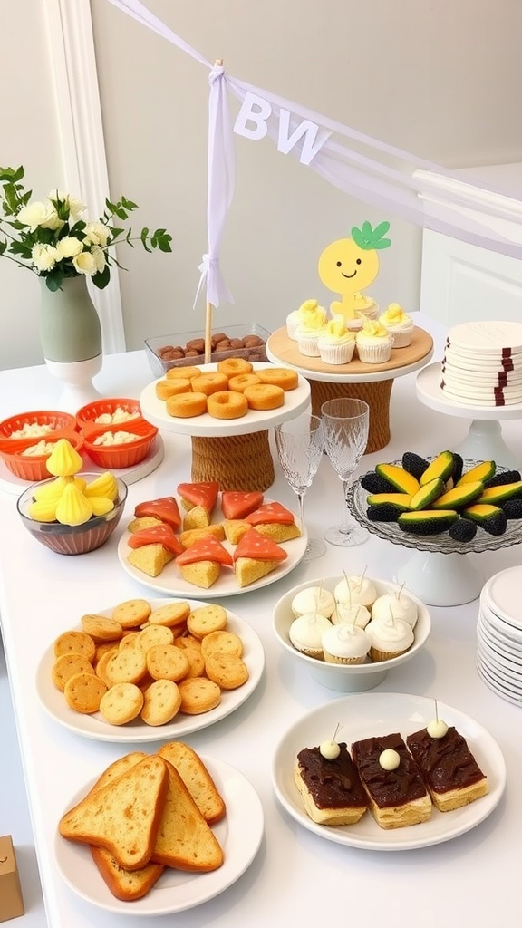 A variety of snacks at a twin boy baby shower including cupcakes, cookies, and fruit.