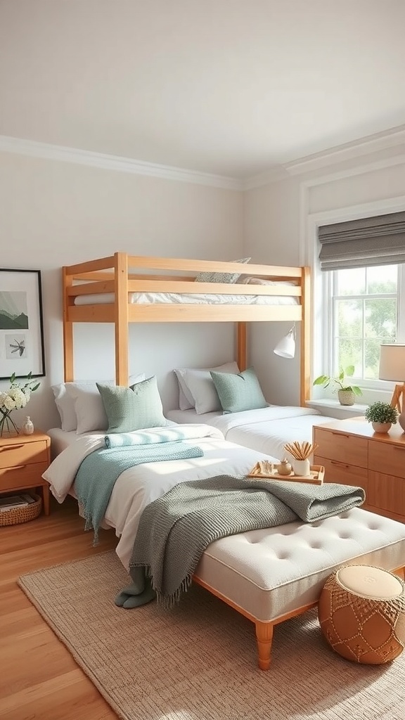 A cozy shared bedroom featuring a lofted bed above a twin bed, with light colors and stylish decor.