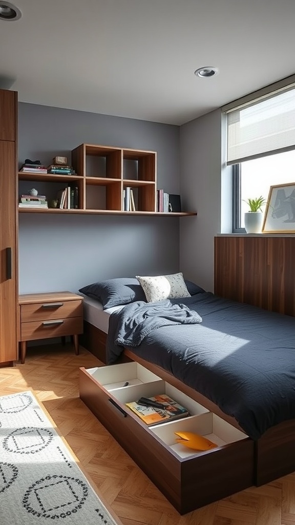 A shared bedroom with a bed featuring storage drawers and wall-mounted shelves.