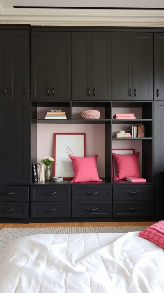 A stylish black storage unit with pink accents in a bedroom