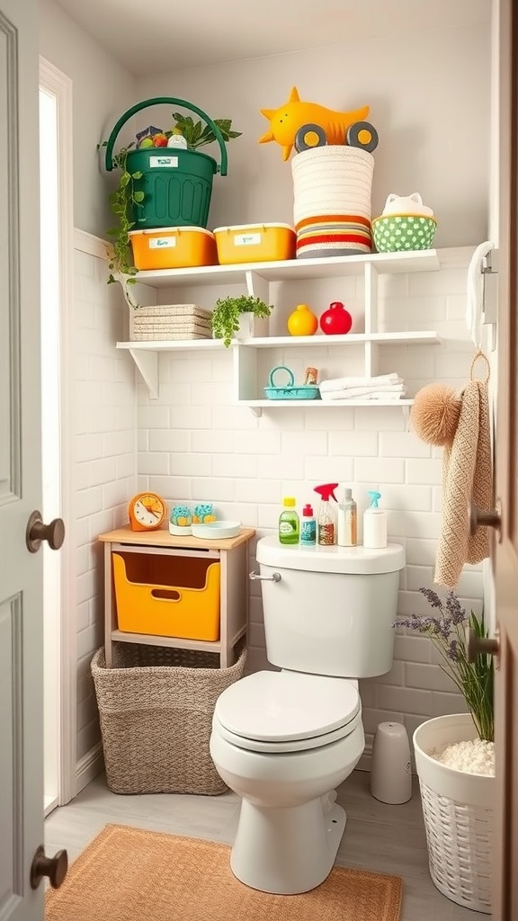 A colorful kids' bathroom featuring creative storage solutions including bright bins, baskets, and a small table.
