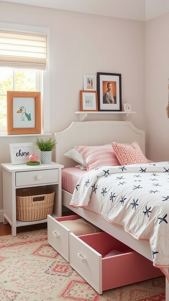 A cozy tween girl's bedroom with a bed featuring drawers underneath and a bedside table with a woven basket.