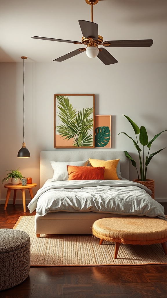 Tropical bedroom featuring a bed, cozy pillows, a ceiling fan, and creative storage solutions.