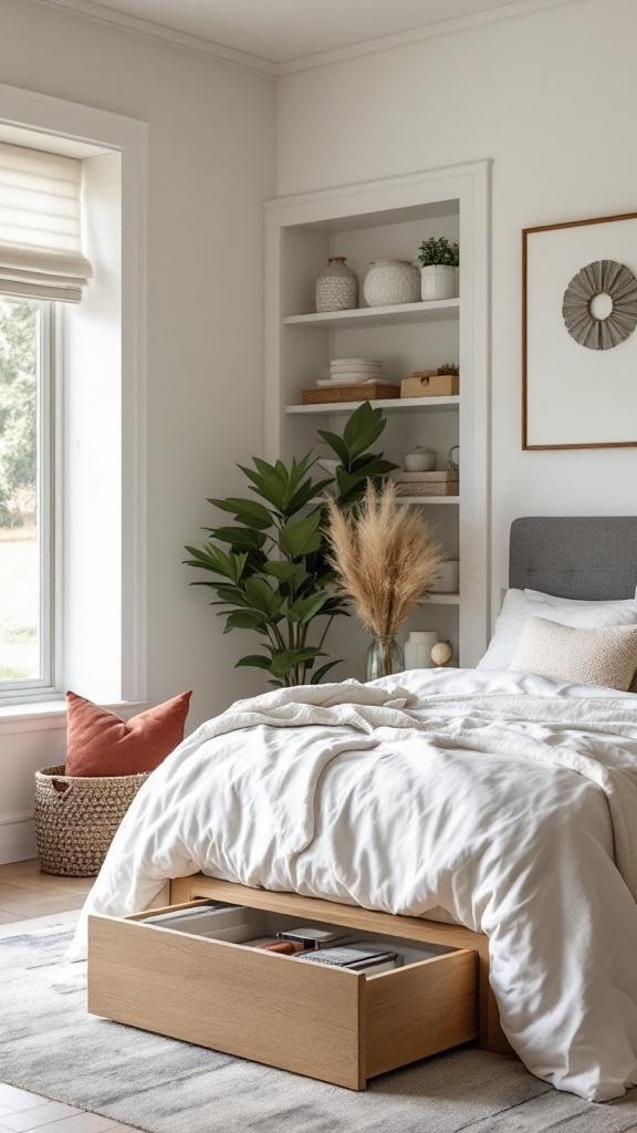 A cozy bedroom with a bed featuring a storage drawer, decorative shelves, and plants.