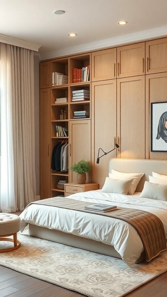 A cozy bedroom featuring built-in storage solutions and warm decor.