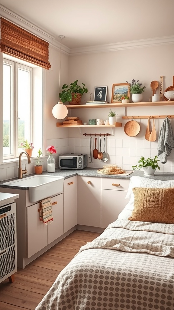 A cozy kitchen area in a tiny apartment featuring open shelves, plants, and a bed.