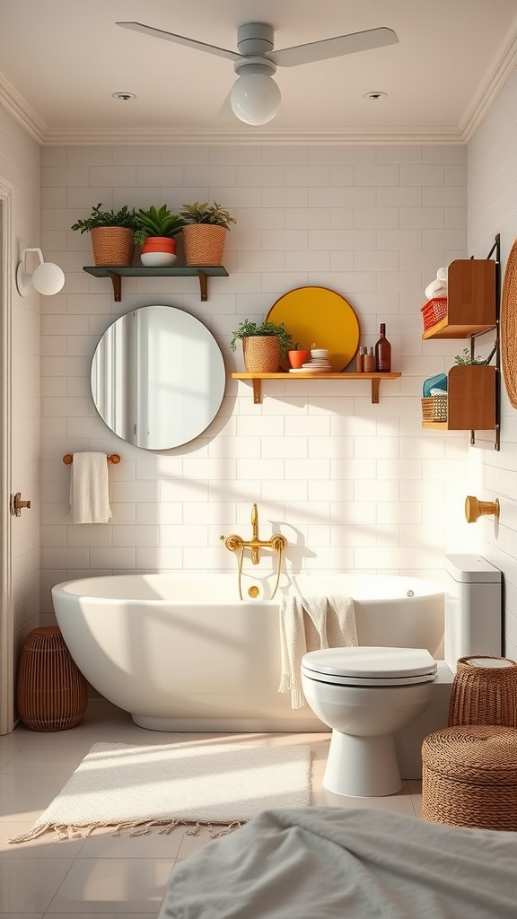 A bright bathroom featuring floating shelves with plants and decor, a round mirror, and woven baskets for storage.