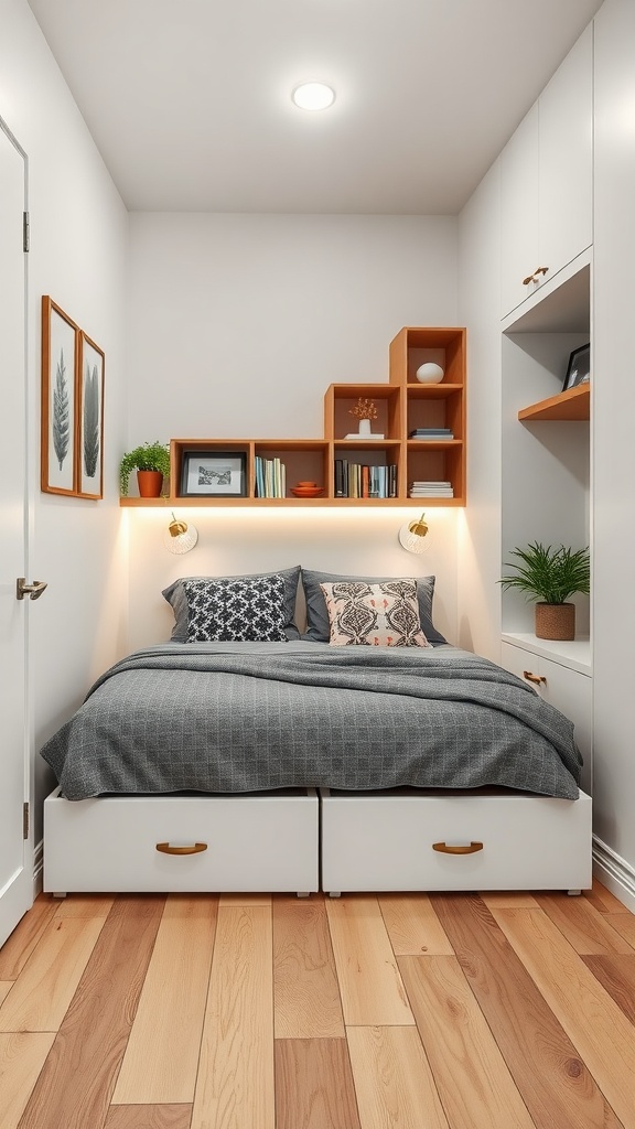 Cozy guest bedroom with built-in storage and creative shelving