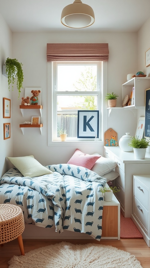 A cozy toddler bedroom featuring a bed with storage underneath, wall shelves filled with toys and decor, and a woven stool.