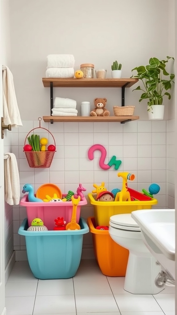 Colorful storage bins filled with kids' bath toys in a bright bathroom.