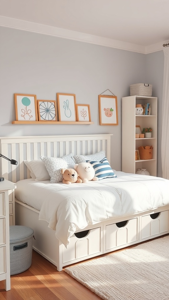 A bright kindergarten bedroom featuring a bed with storage drawers, a bookshelf, and colorful wall art.