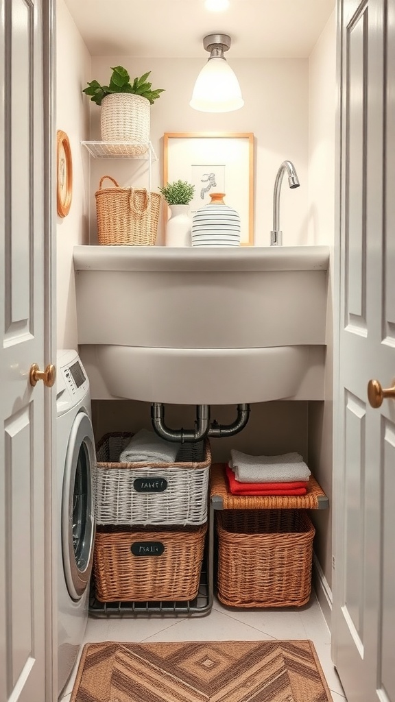 A small laundry room with organized storage under the sink, featuring baskets and a shelf with plants.