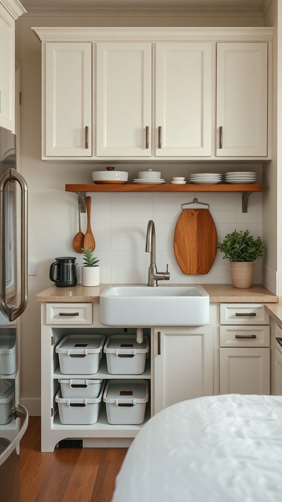 A cozy farmhouse kitchen with a large sink, organized storage under the sink, and a wooden shelf above.