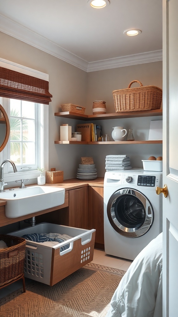 A small, organized laundry room with a sink, washing machine, and creative storage solutions under the sink.