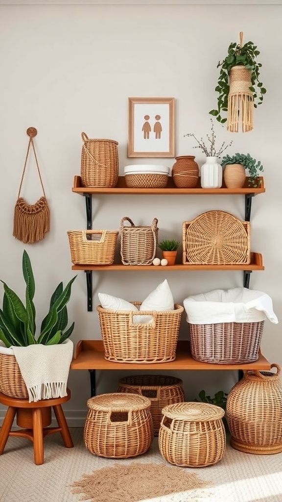 A bohemian nursery storage solution featuring woven baskets, plants, and open shelving.