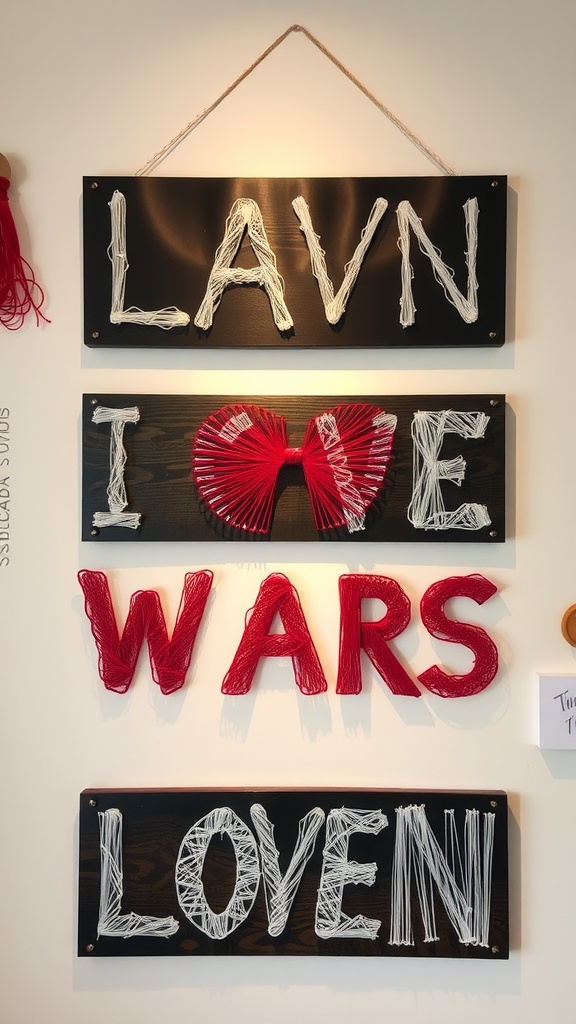 Creative string art with words 'LAVN', 'I LOVE', 'WARS', 'LOVEN' displayed in various colors on wooden boards.