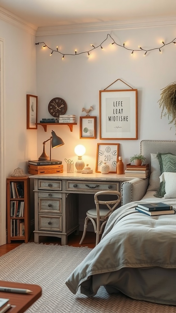 Cozy fairycore-inspired study space with vintage desk and soft lighting.