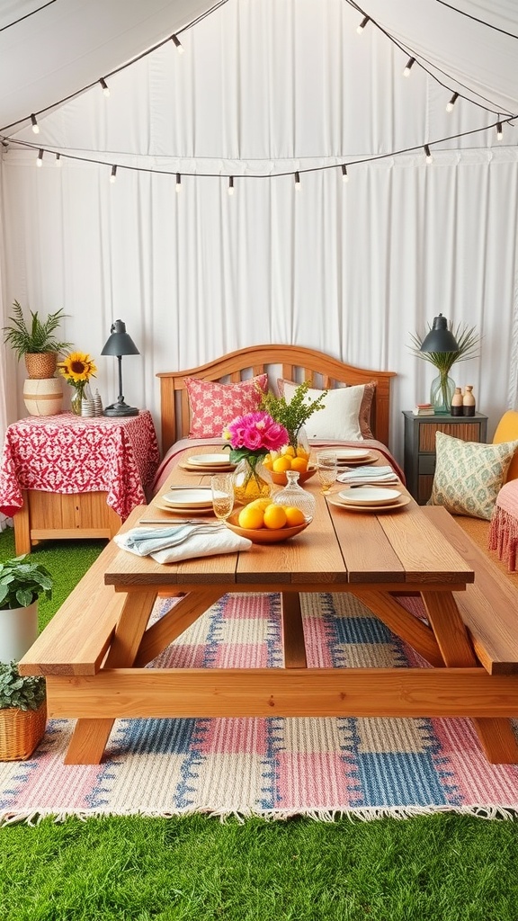 A beautifully styled low picnic table with a colorful rug, fresh flowers, and string lights.