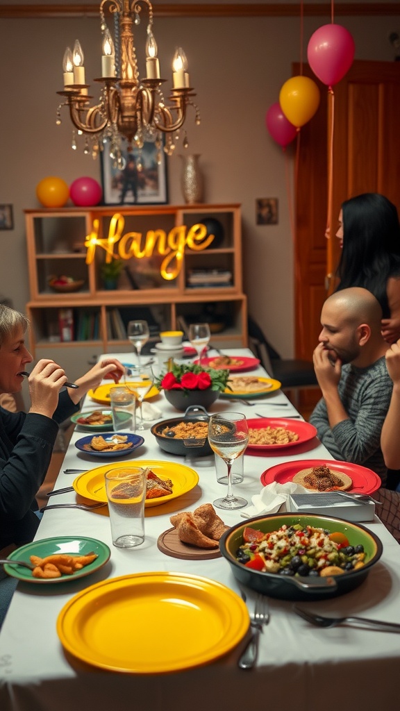 A festive dinner table set for a kids movie night with colorful plates, food, and decorative balloons.