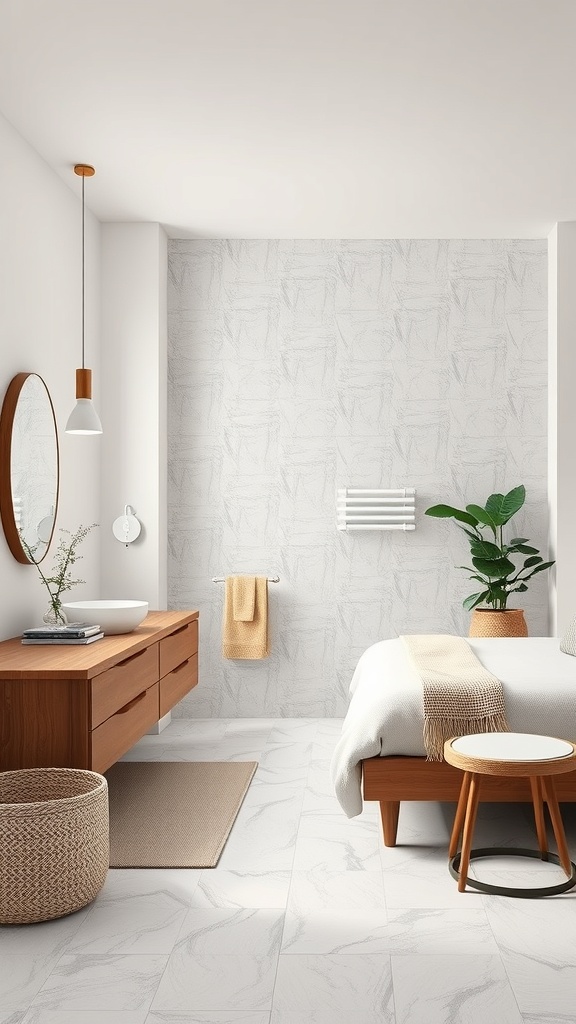 Modern bathroom with light-colored walls and flooring, featuring a stylish design and creative tile alternatives.